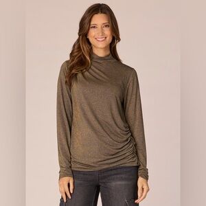 Democracy Shimmering Brown and Gold Mock Neck Asymetrical Ruched Blouse Large